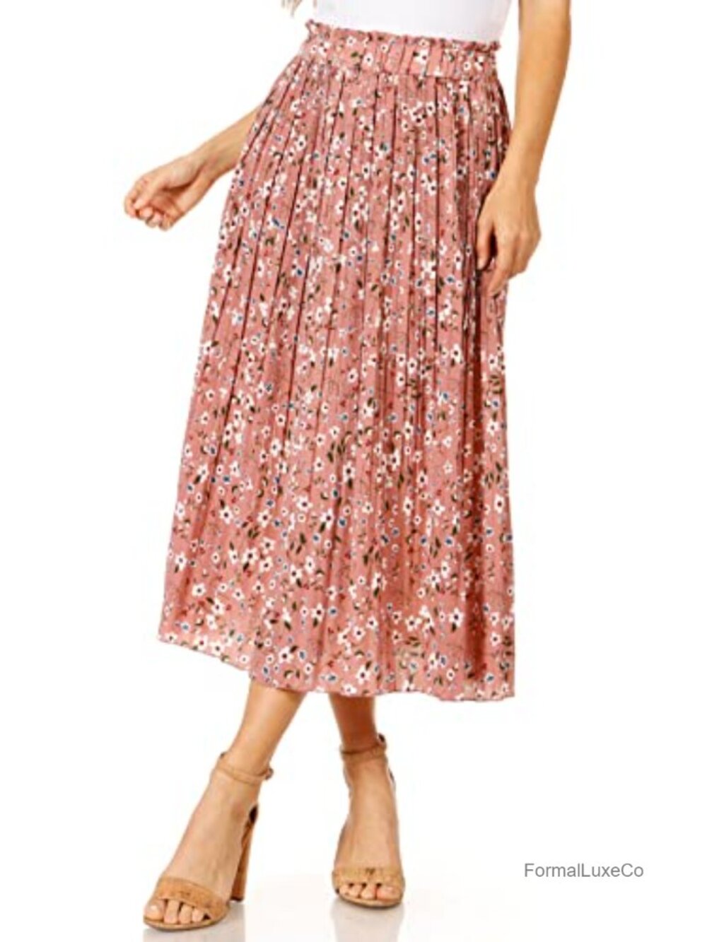 Pleated Midi Skirt Womens High Waist A-Line with Pockets for Summer
